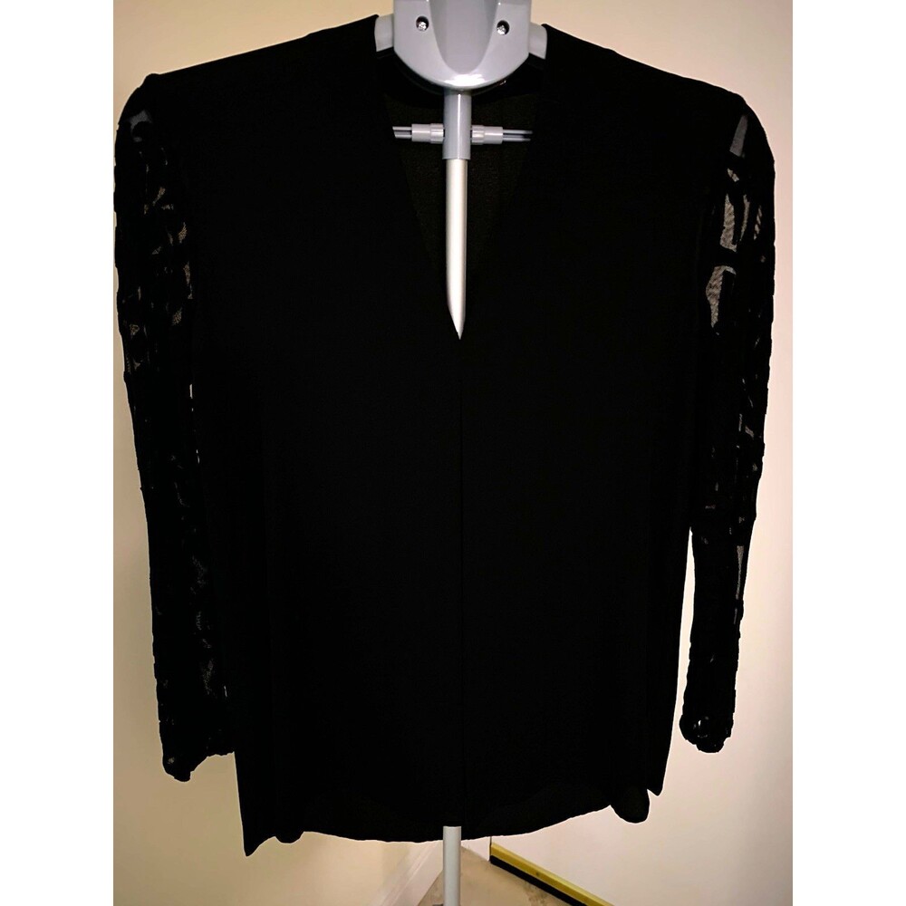 Kay Celine Women's Black Long Patterned Sheer Sleeve Blouse V Neck Size M